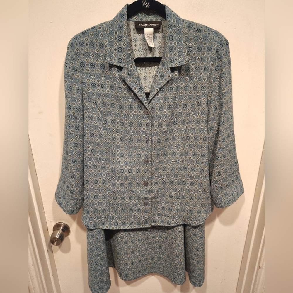Sag Harbor Women's Blue Geometric Print Skirt & Tops Set Sz 14 Retro Academia